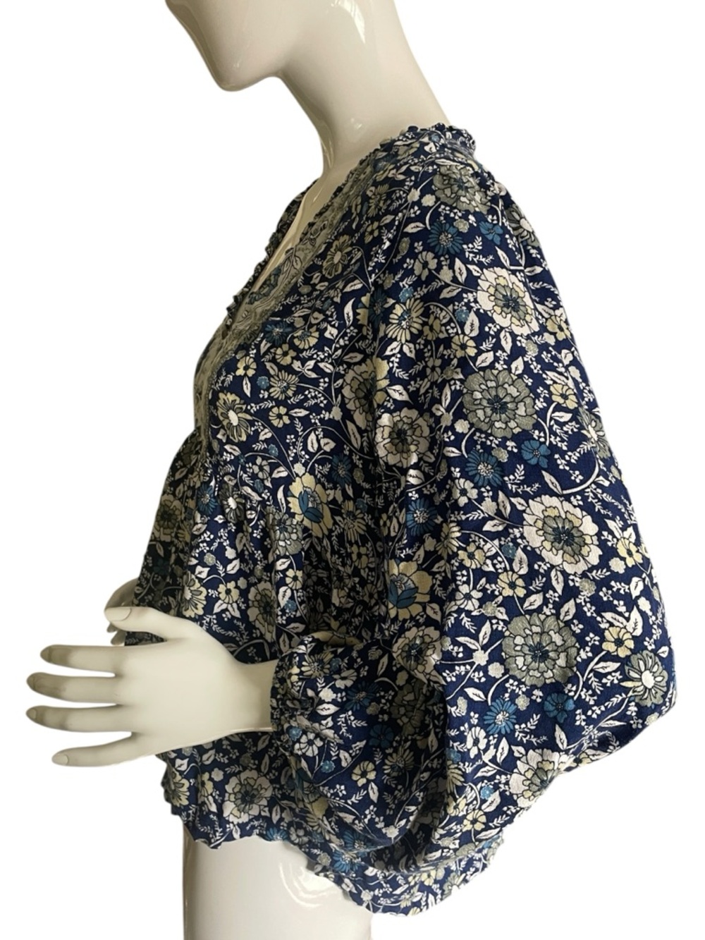 Lucky Brand Boho Floral V-Neck Long Sleeve Peasant Top - Blue - Picture 4 of 9